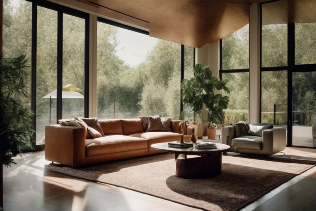 interior living room with tinted windows and comfortable furnishings