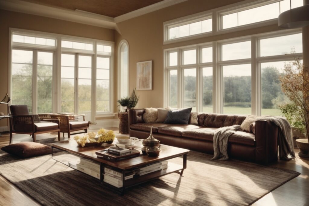 interior living room with visible Low-E window film, energy-efficient lighting, and comfortable furnishings