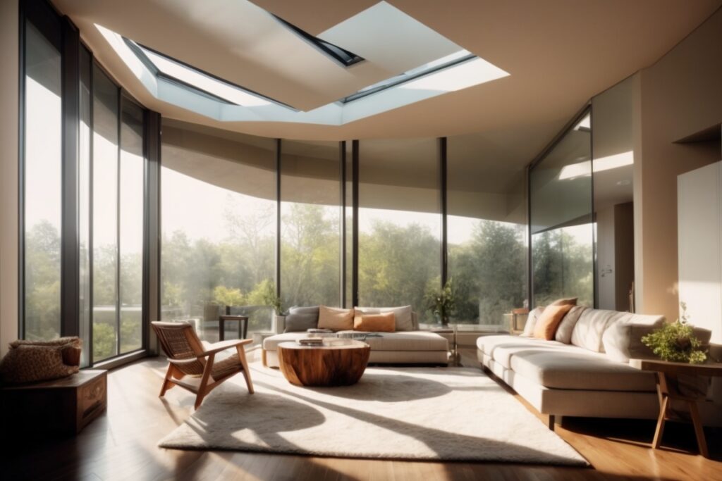 Interior with sunlight filtering through solar control window film, furniture undamaged