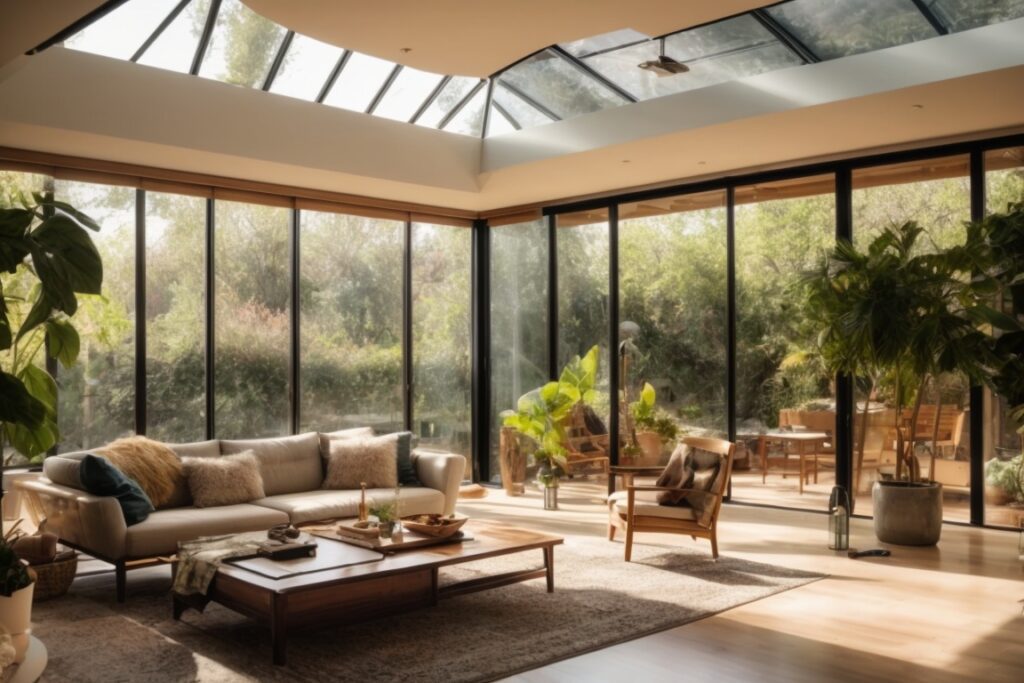 Interior view of a home with heat reduction window film installed, warm sunlight filtering through, furniture and a lush indoor plant visible