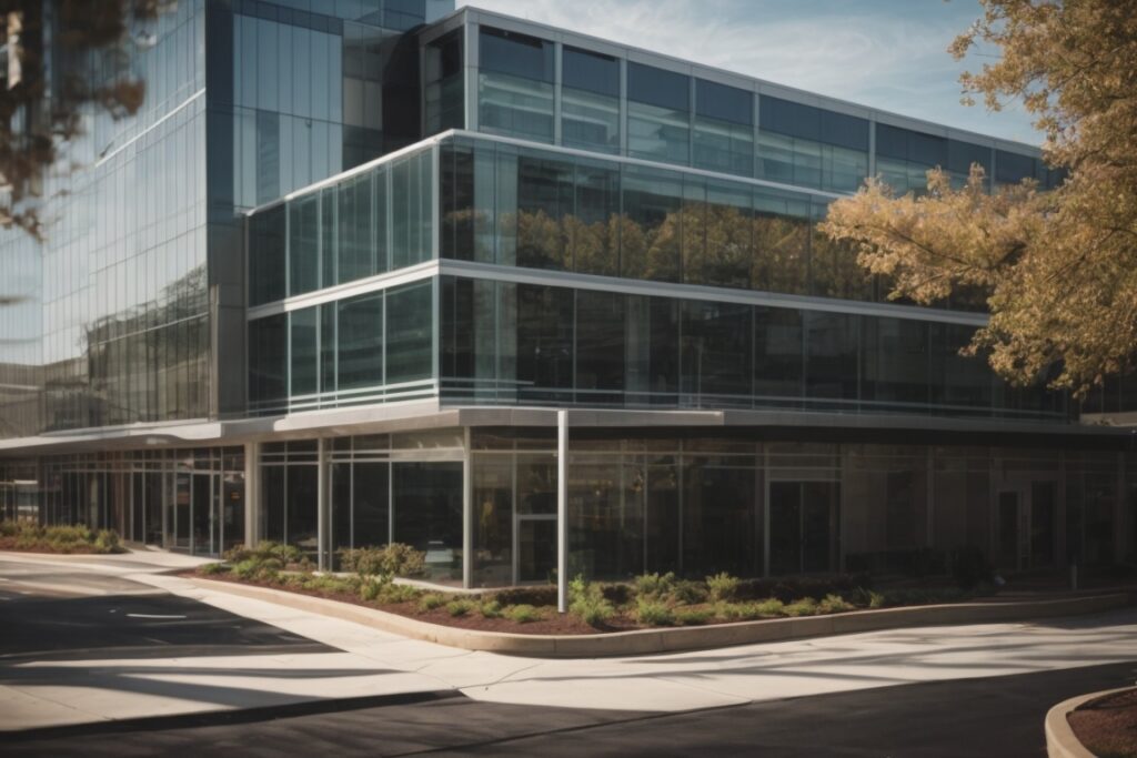 Modern office building in Chattanooga with tinted windows, reflecting sunlight, and busy interior workspace