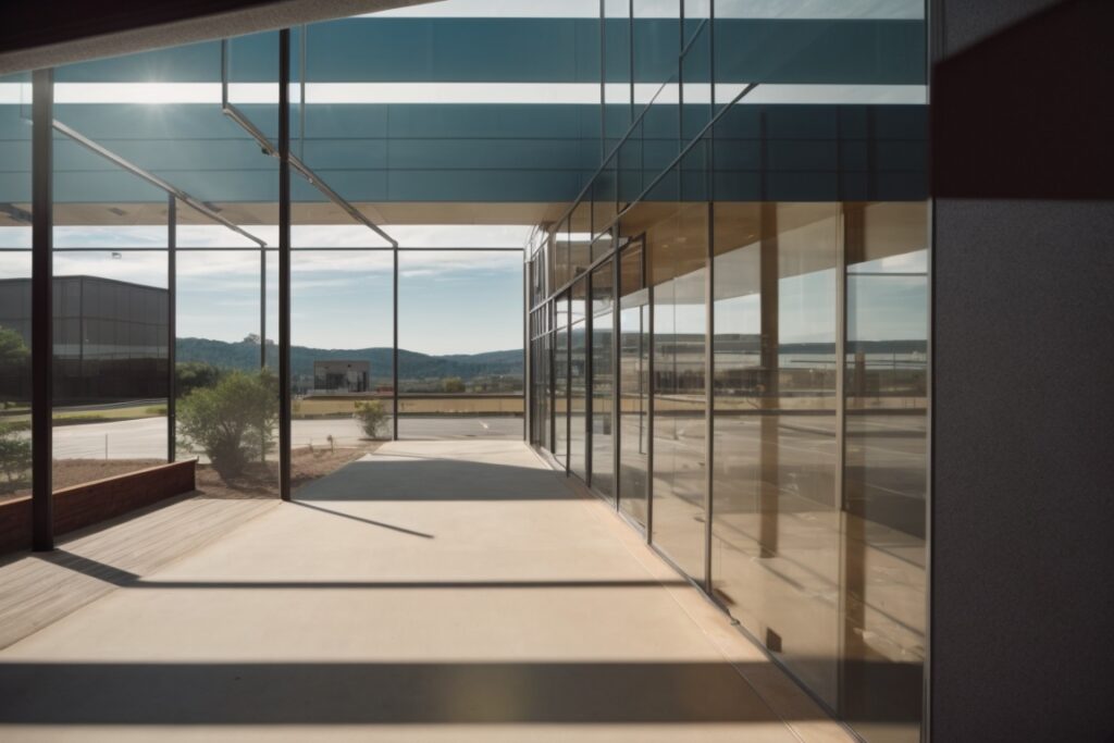 Chattanooga office with glare reduction window film, sunny day