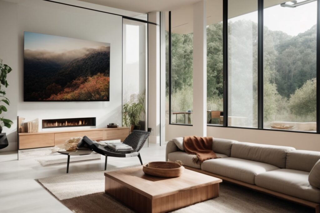 Modern home interior with heat blocking window films installed