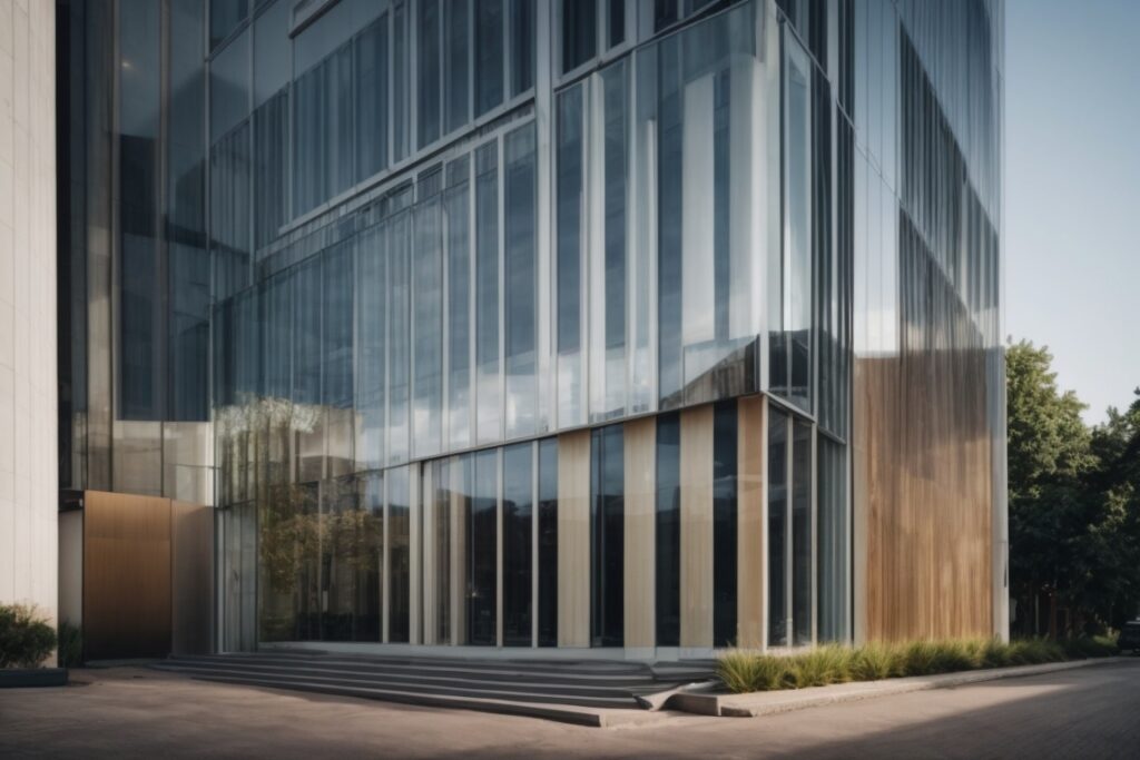close-up of a modern building with heat reduction window film installed